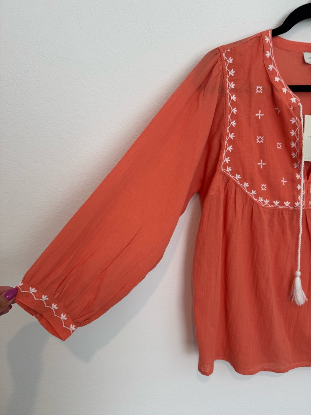 Lucky Brand Orange Boho Embroidered 3/4 Sleeve Cotton Blouse Top - Picture 2 of 11